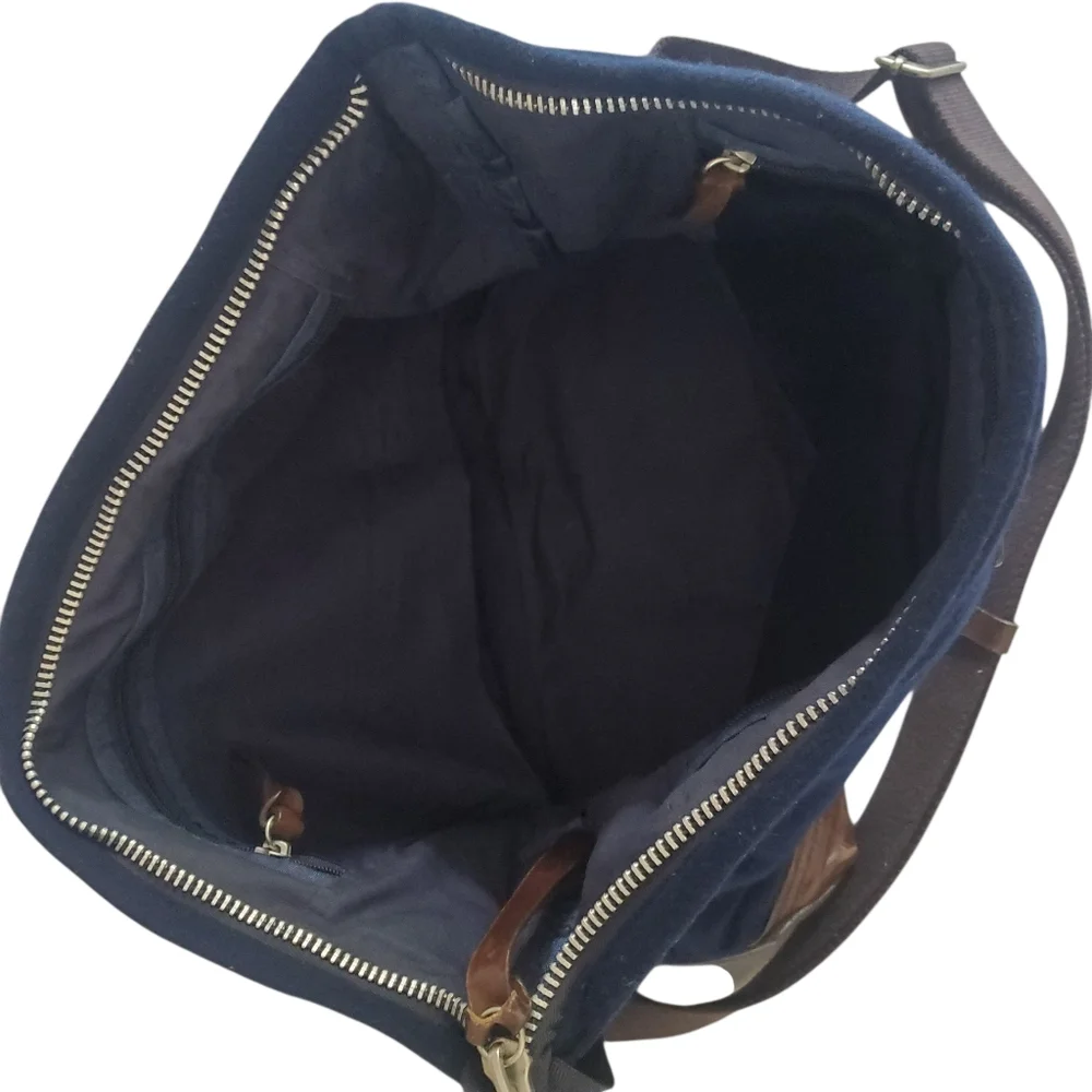 PROPERTY OF... Vintage‎ Navy Blue Wool Blend / Cognac Leather Men's Day Bag